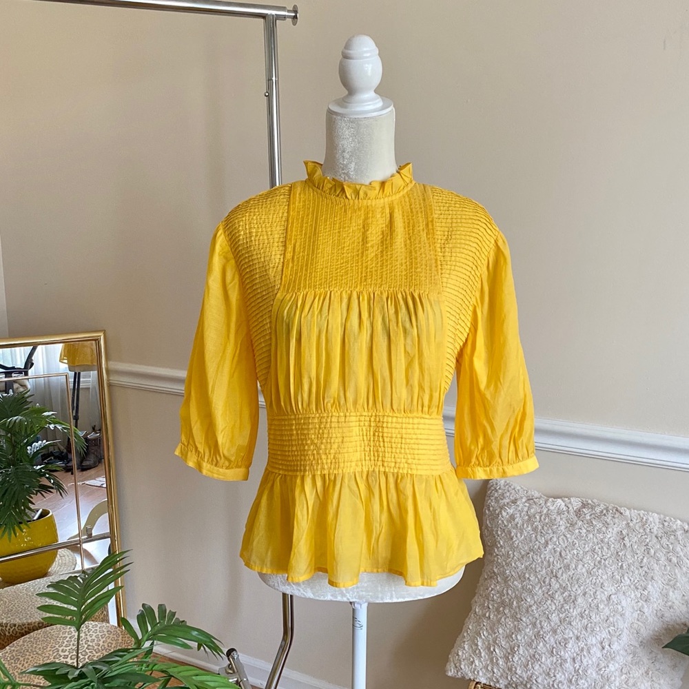 Something Navy Yellow Pleated Peplum Top M - Picture 2 of 12